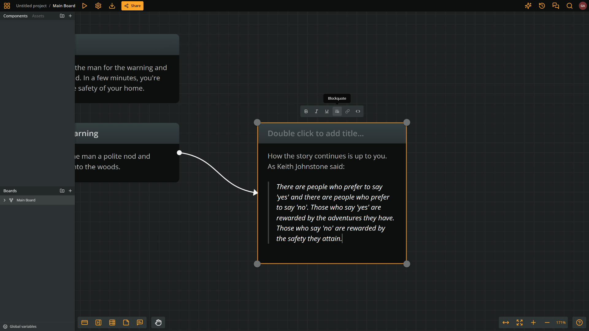 Arcweave's interface: we have turned the last element's content into a blockquote, using the formatting menu.