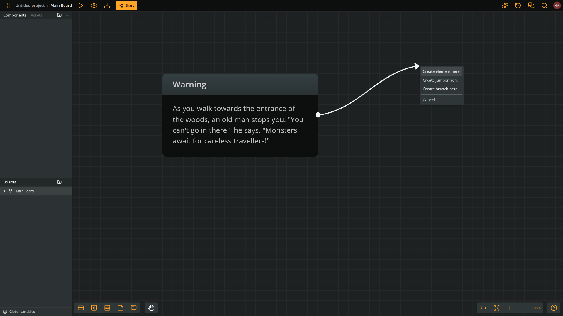 Arcweave's environment: dragging a new connection from an element opens a context menu; the menu's first option is to create a new element at the mouse's position.