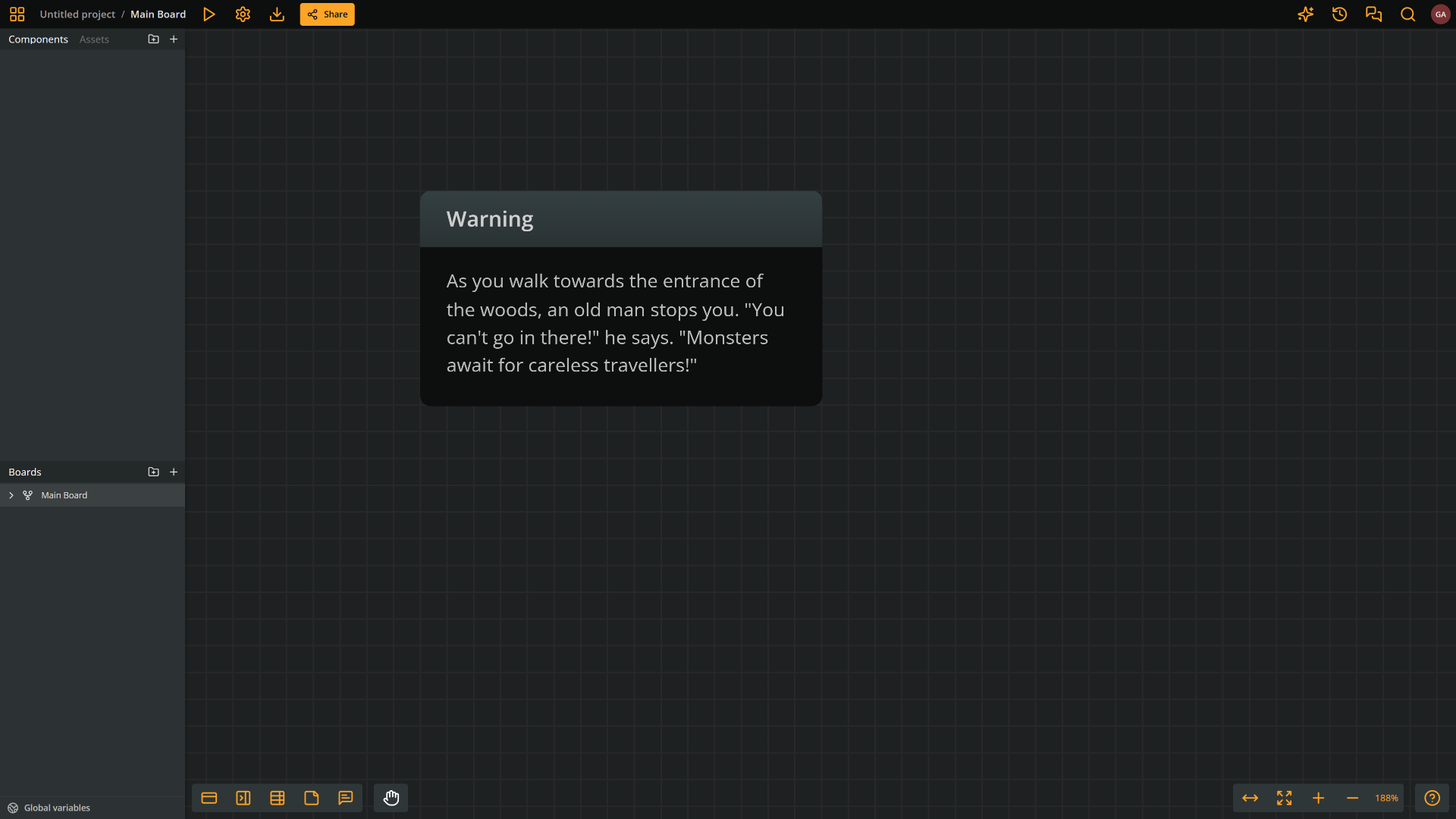 Arcweave's environment: an element is a node, a textbox; its content and title read as described in the blogpost.