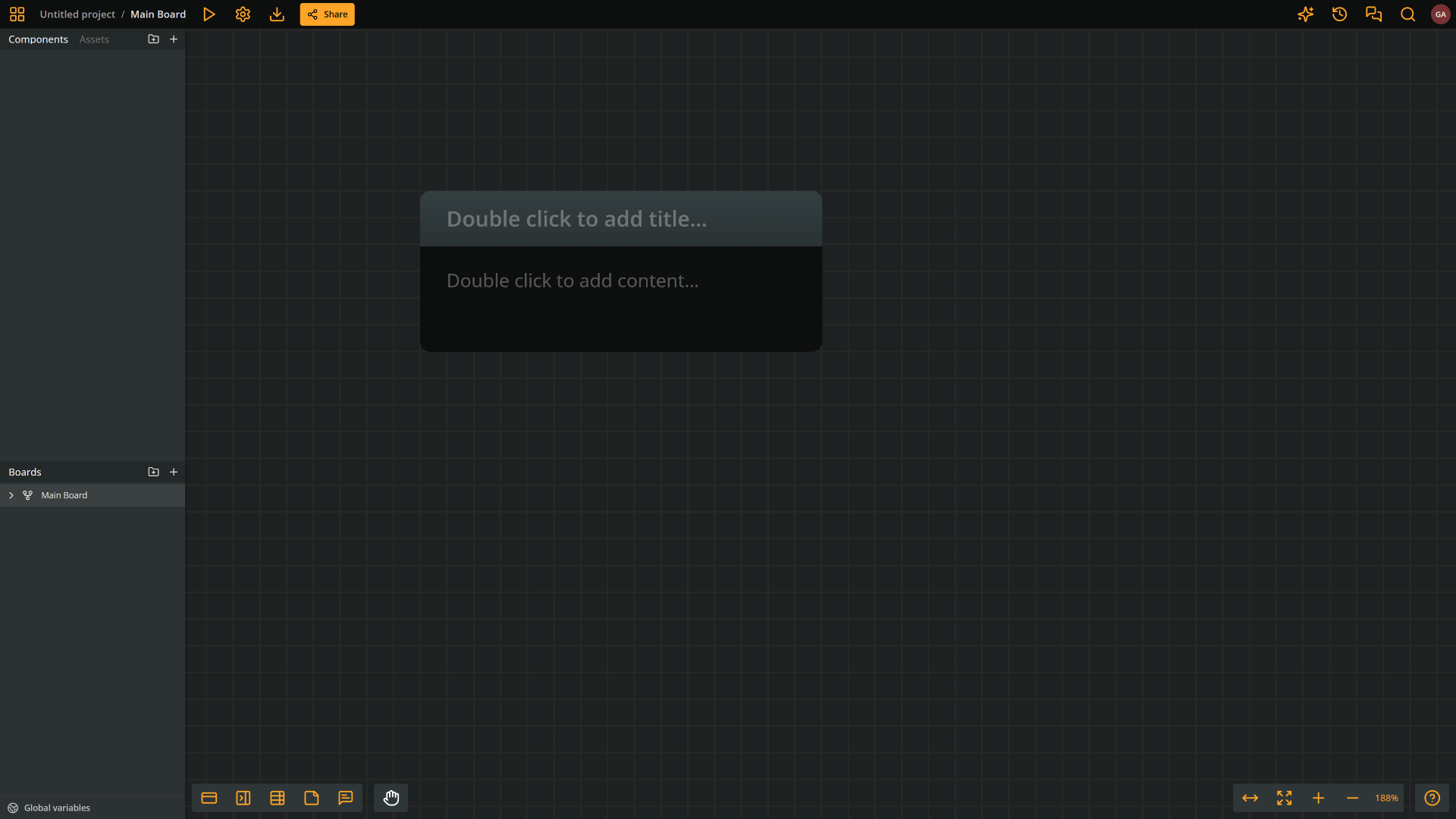 Arcweave's project environment: an empty element in a board. Elements look like text boxes, with title and content fields.