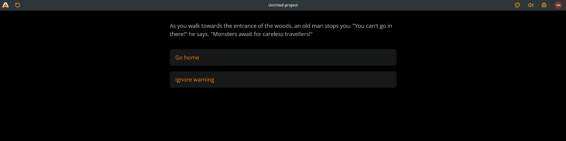 Arcweave's Play Mode interface, rendering the first element's text. The title "Warning" is not rendered. The titles of the next elements create the option buttons "Go home" and "Ignore warning."