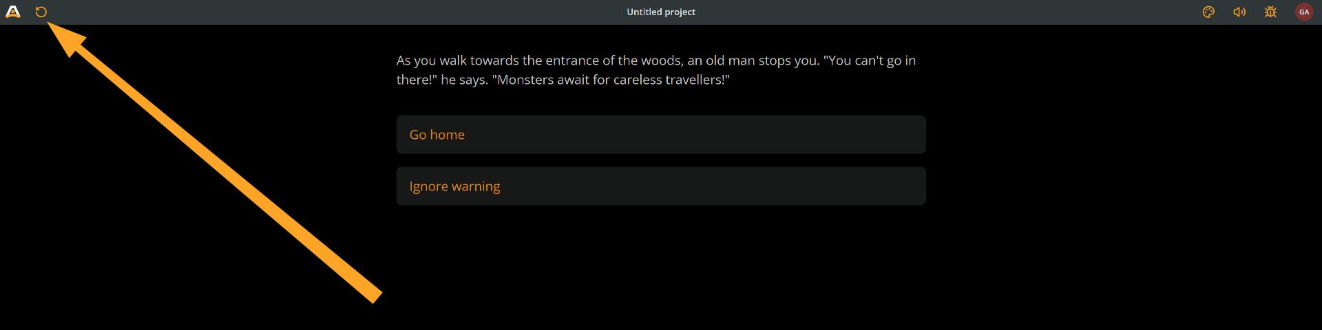 Arcweave's Play Mode with an arrow pointing at the Restart button.