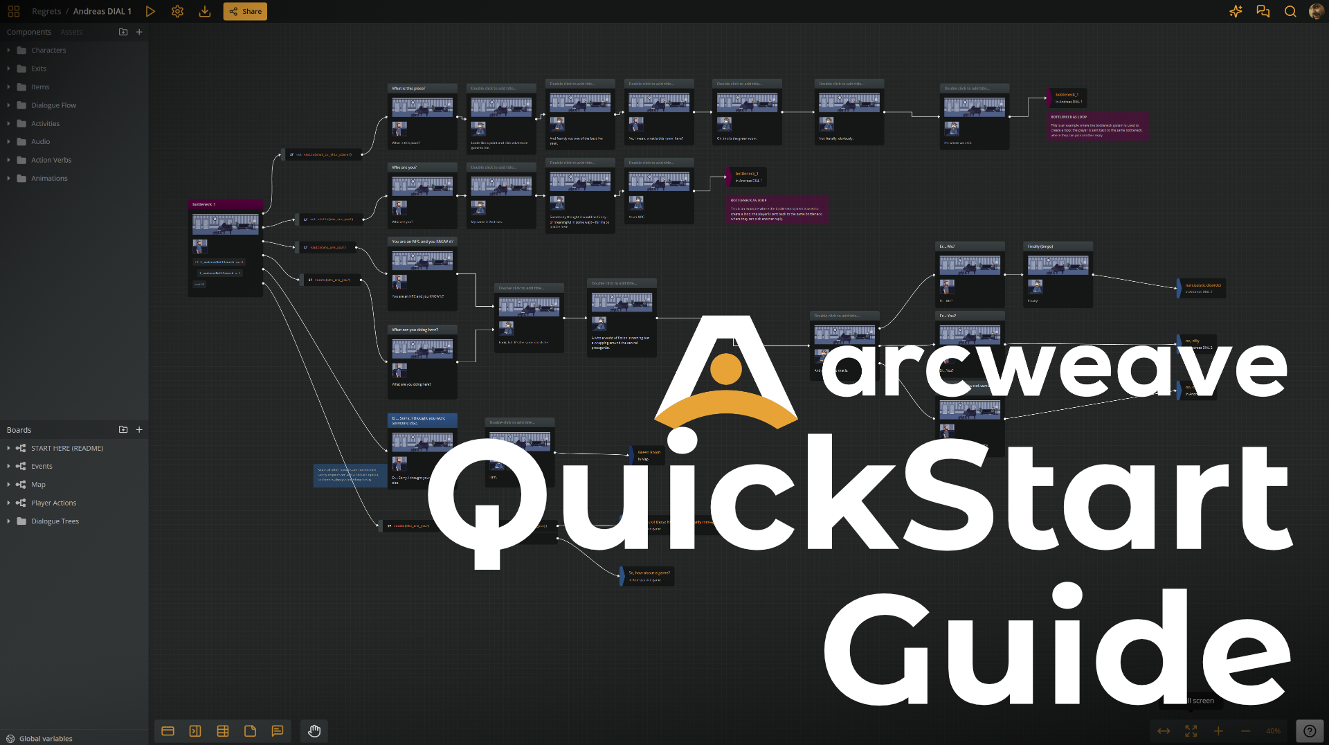 Screenshot of Arcweave's user interface, with title "Arcweave QuickStart Guide."