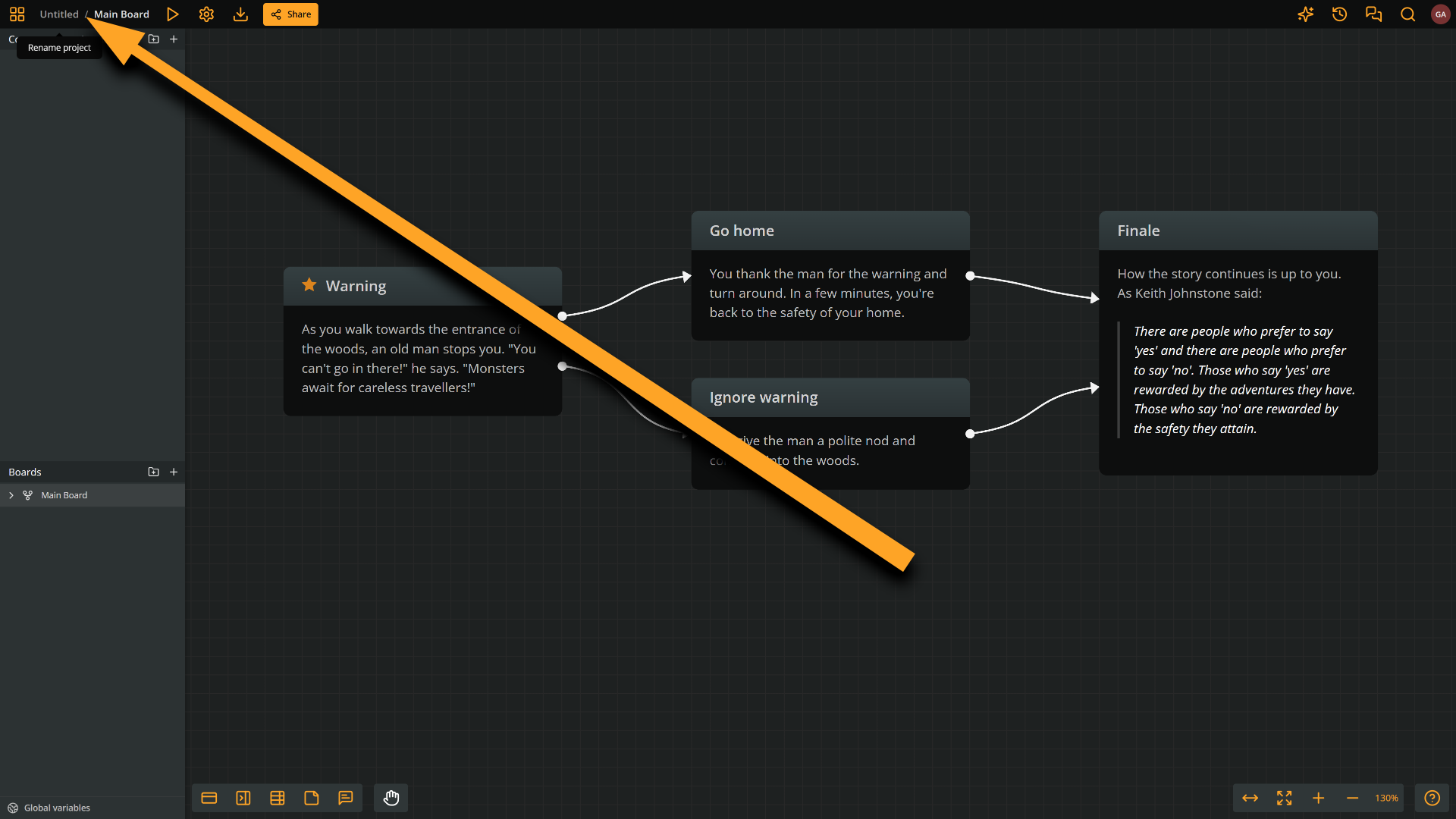 Arcweave's project interface: an arrow points at the Rename project field.