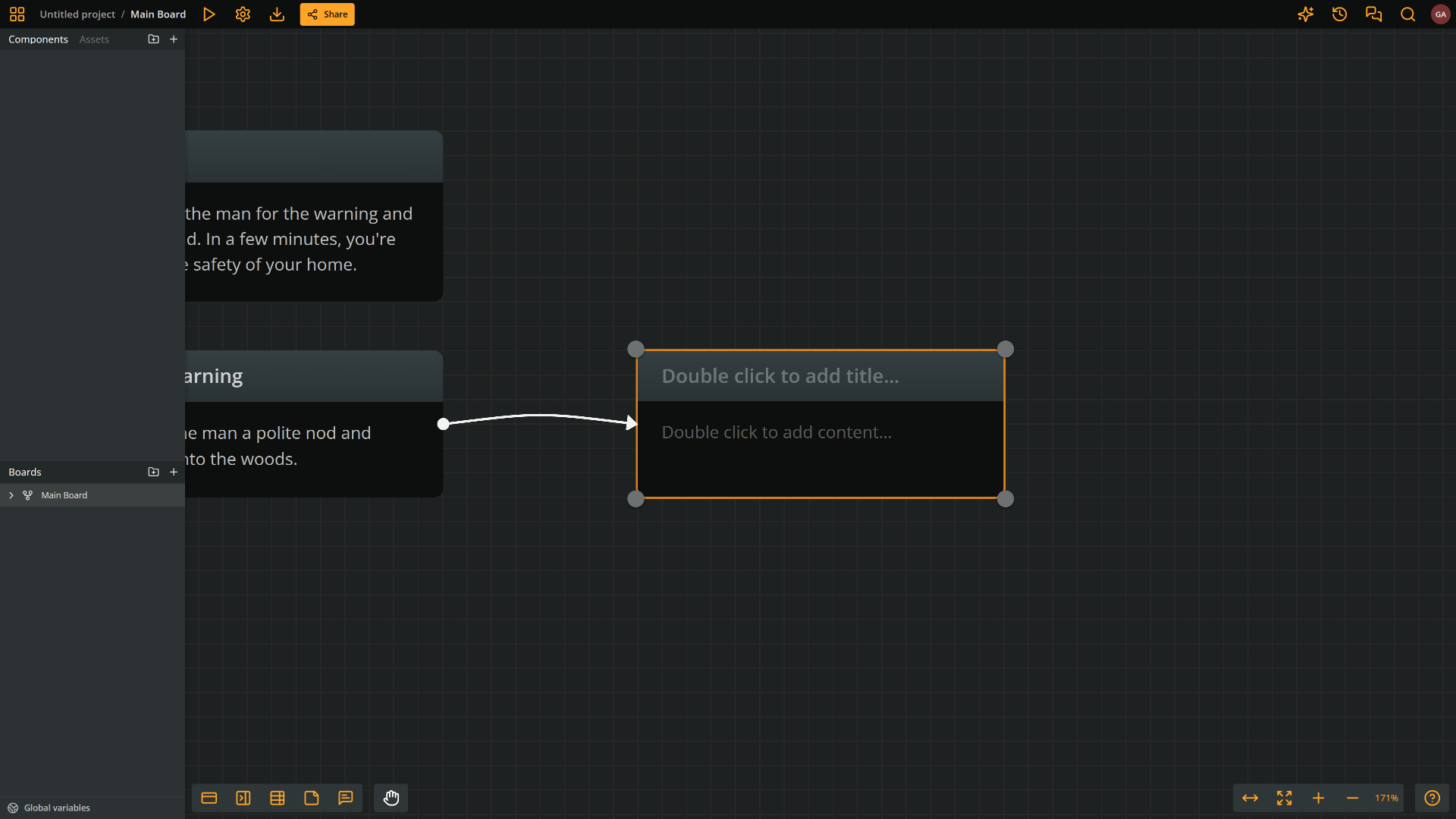 Arcweave's interface: a new, empty element connected with the previous one, as described in the blogpost.