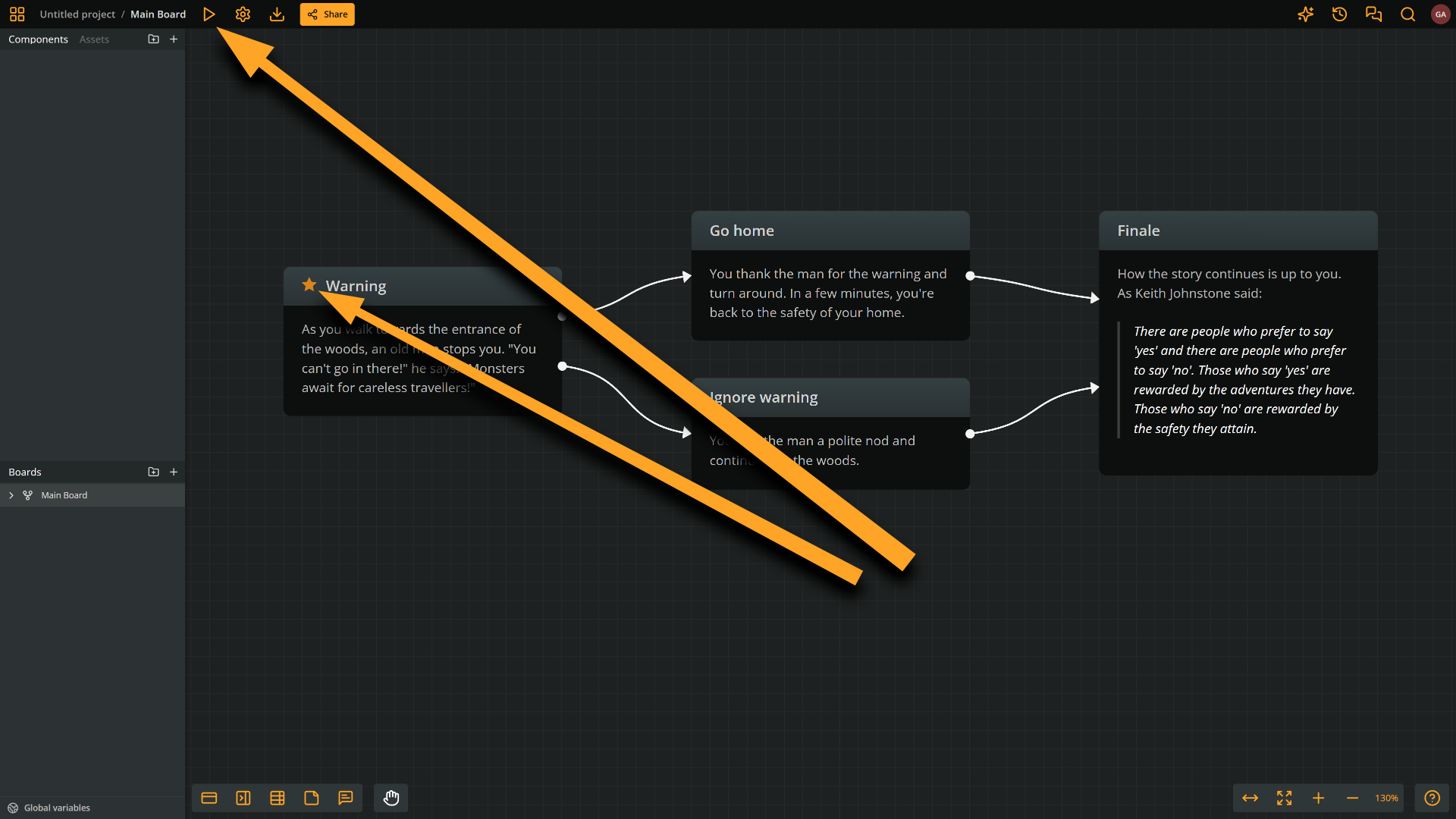 Arcweave's project interface: two arrows point at the little star by the starting element's title and the Play icon on the top menu.