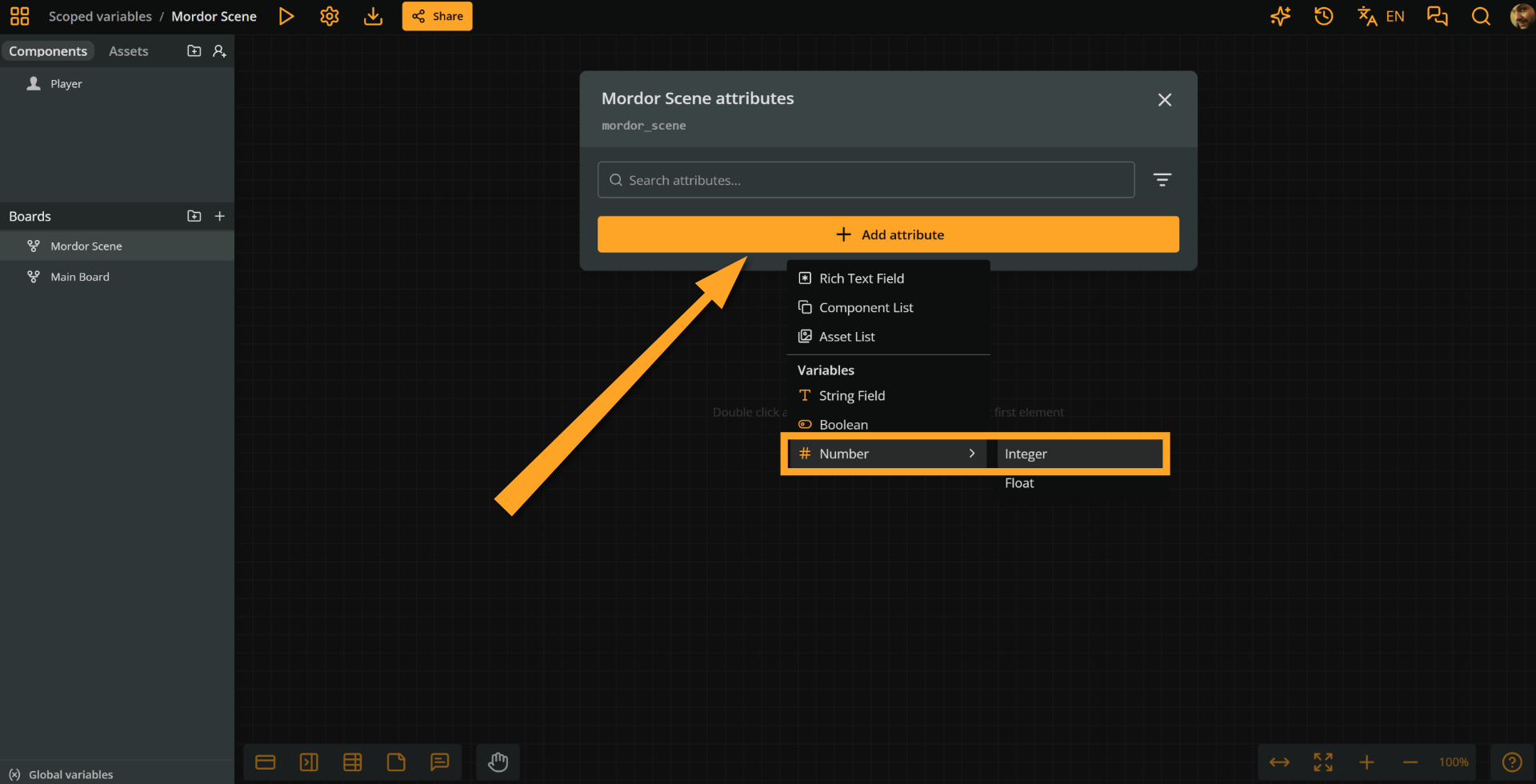 Arcweave project environment. The Mordor Scene modal is open and an orange arrow points at the New attribute button. An orange rectangle emphasizes the option Number - Integer in the context menu.