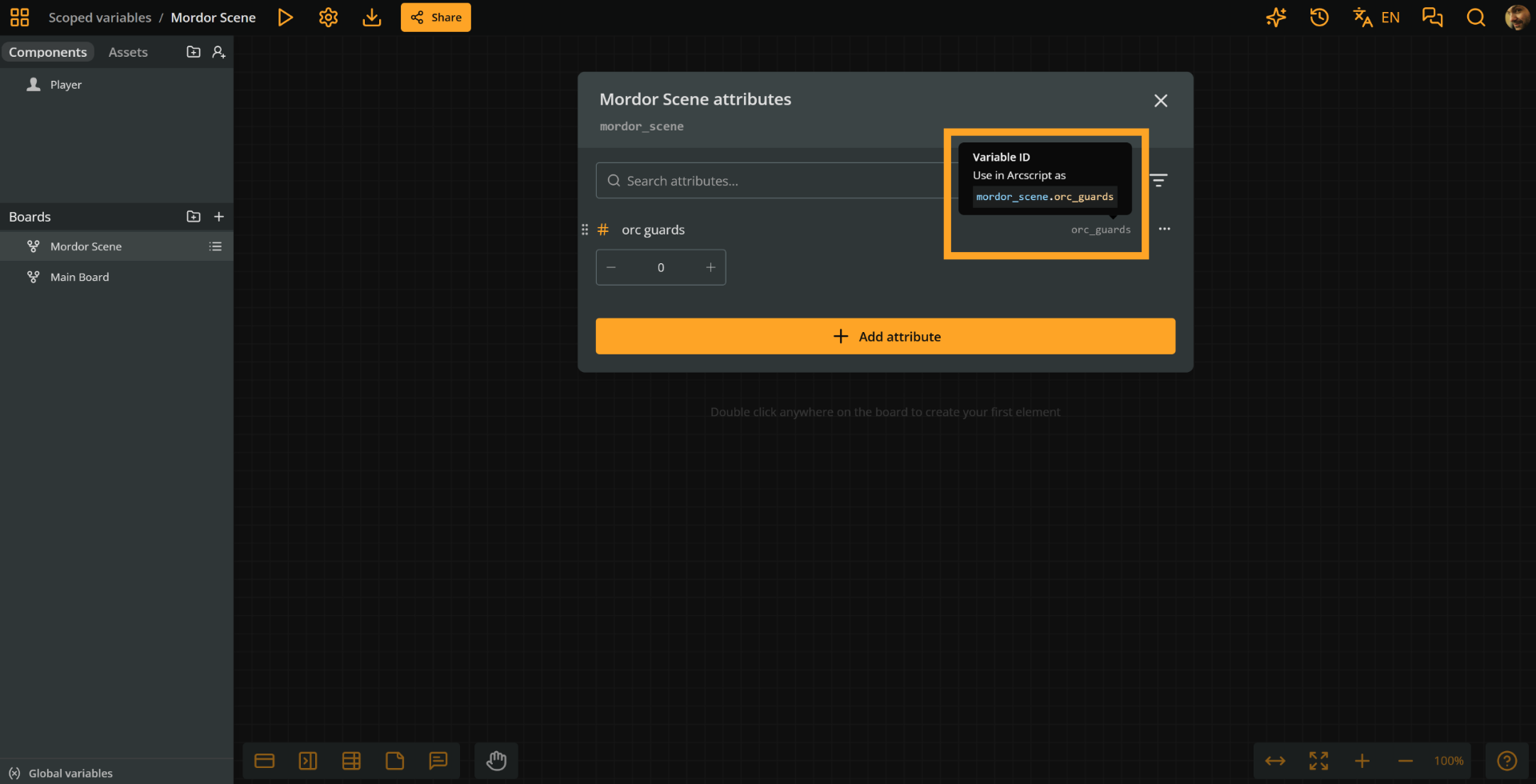 Arcweave project environment, board attribute modal. By the orc guards attribute, an orange rectangle emphasizes the attribute's custom id while a tooltip instruction says: variable ID. Use in arcscript as mordor_scene-dot-orc_guards.