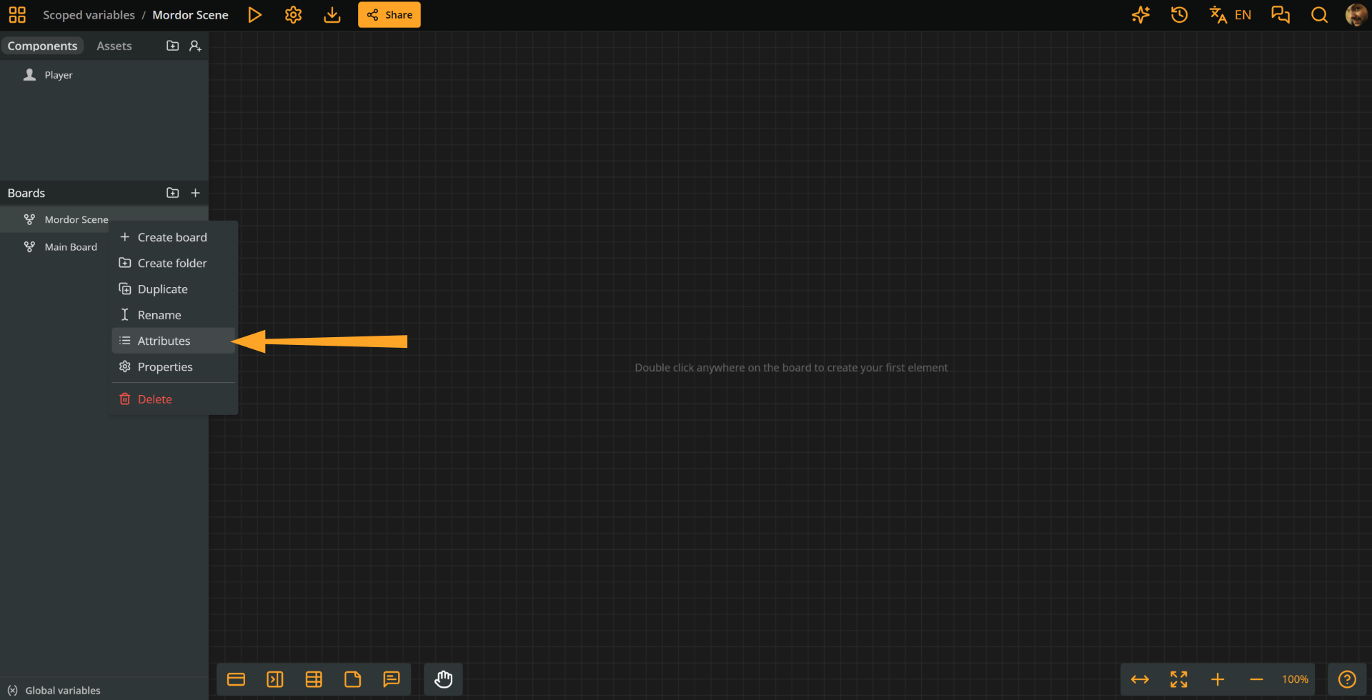 Arcweave project environment. At the Boards section of the left sidebar, the context menu of the Mordor board is open, while an orange arrow points at the Attributes option.