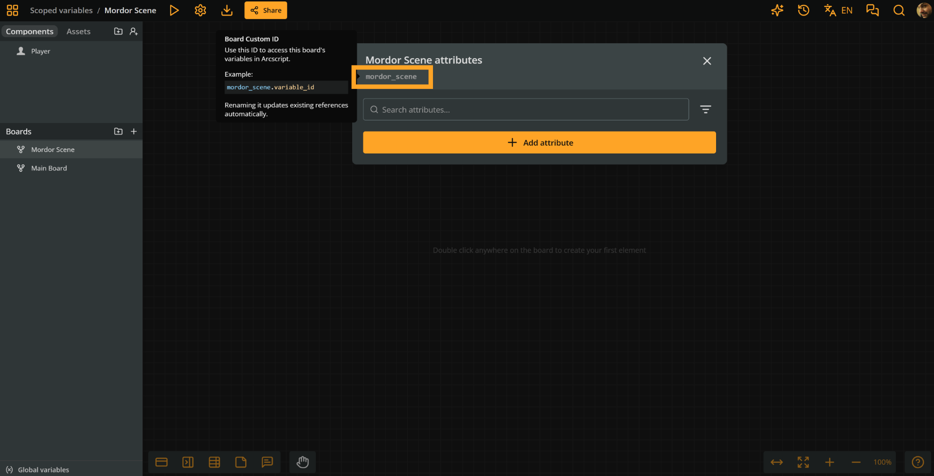 Arcweave project environment. The modal of the Mordor Scene board is open, while an orange rectangle emphasizes the board's custom id, which is mordor_scene, in snakecase.