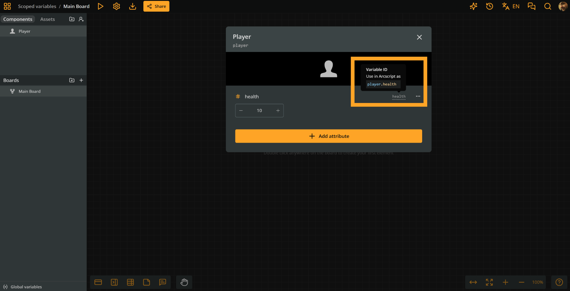 Arcweave project environment. In the Player component, there is an attribute named health, while an orange rectangle emphasizes the attribute's custom id, which is also health. A tooltip instruction says: variable ID. Use in arcscript as player-dot-health.