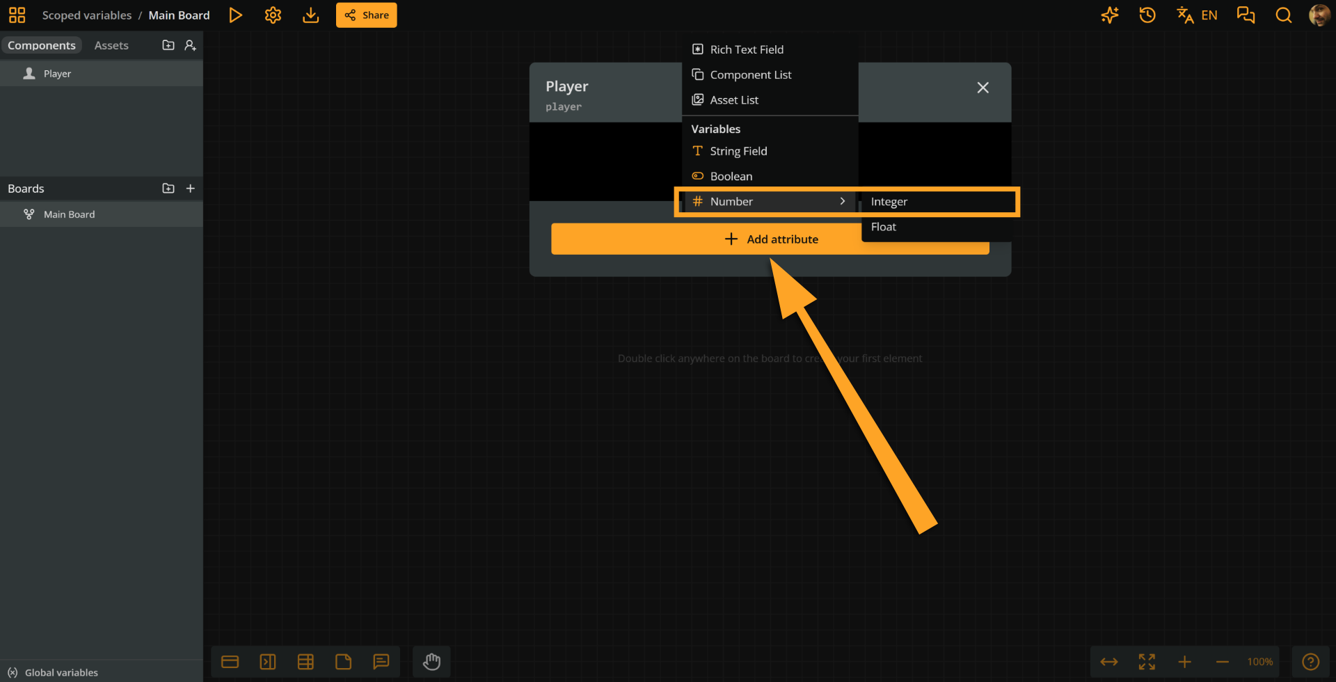 Arcweave project environment. The Player component is open and an orange arrow points at the New attribute button, while an orange rectangle emphasizes the Number and Integer options of the popup menu.