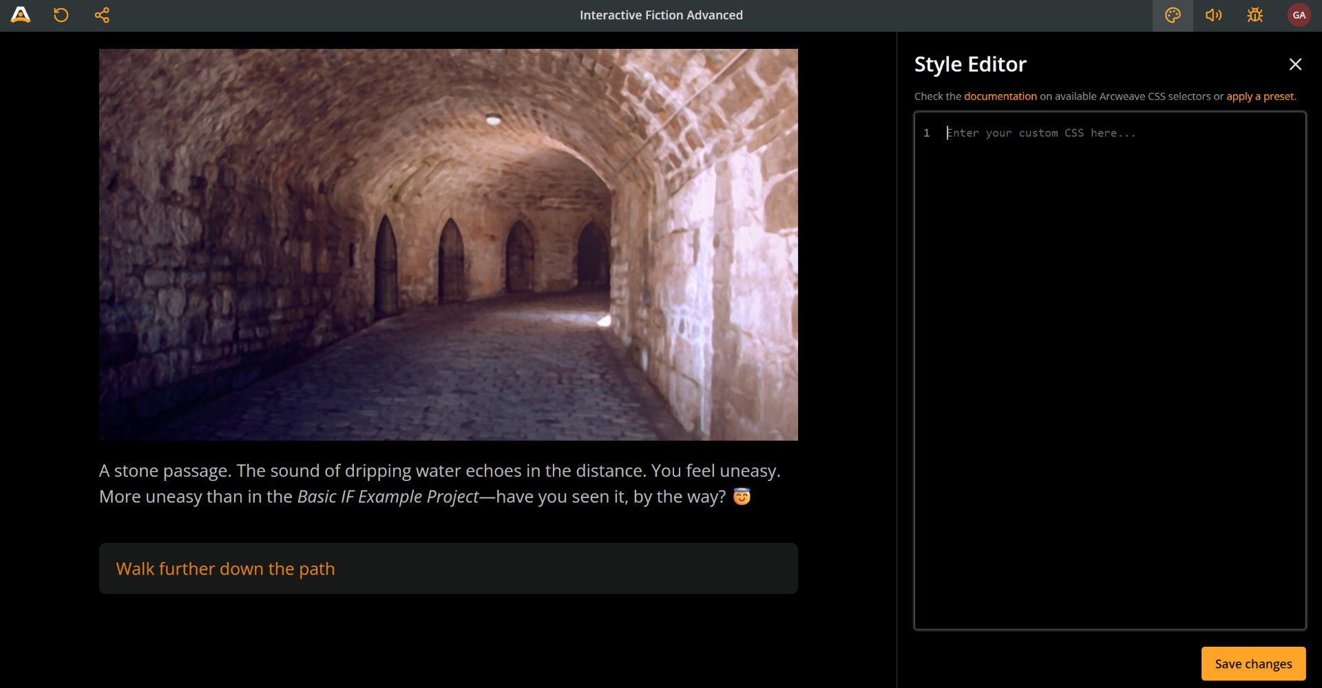 Arcweave's Play Mode environment, with an example project and the Style Editor UI open.
