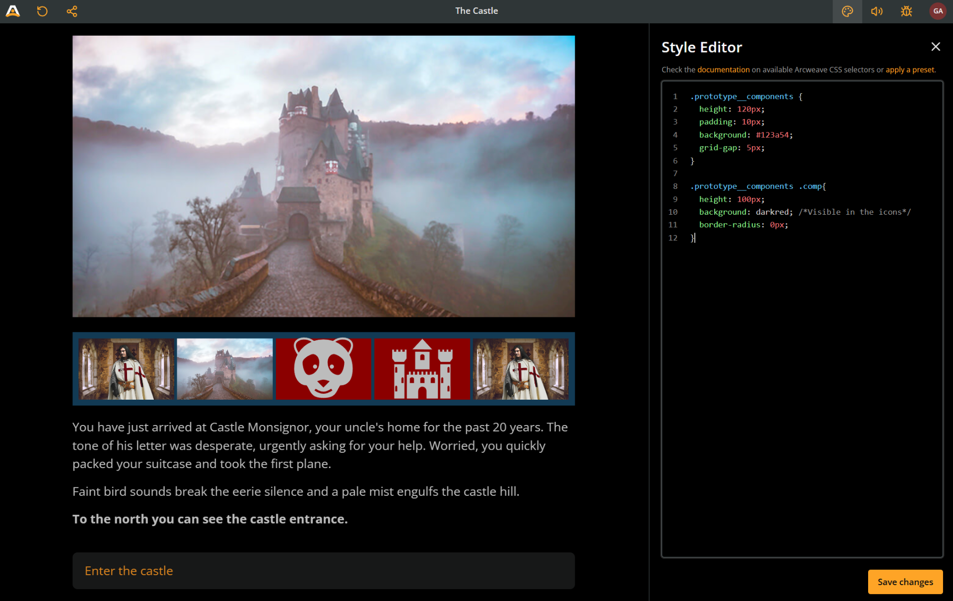 Arcweave's Play Mode with the Style Editor open. The current element's attached components are styled like frames on a strip of film, with a desaturated blueish background.