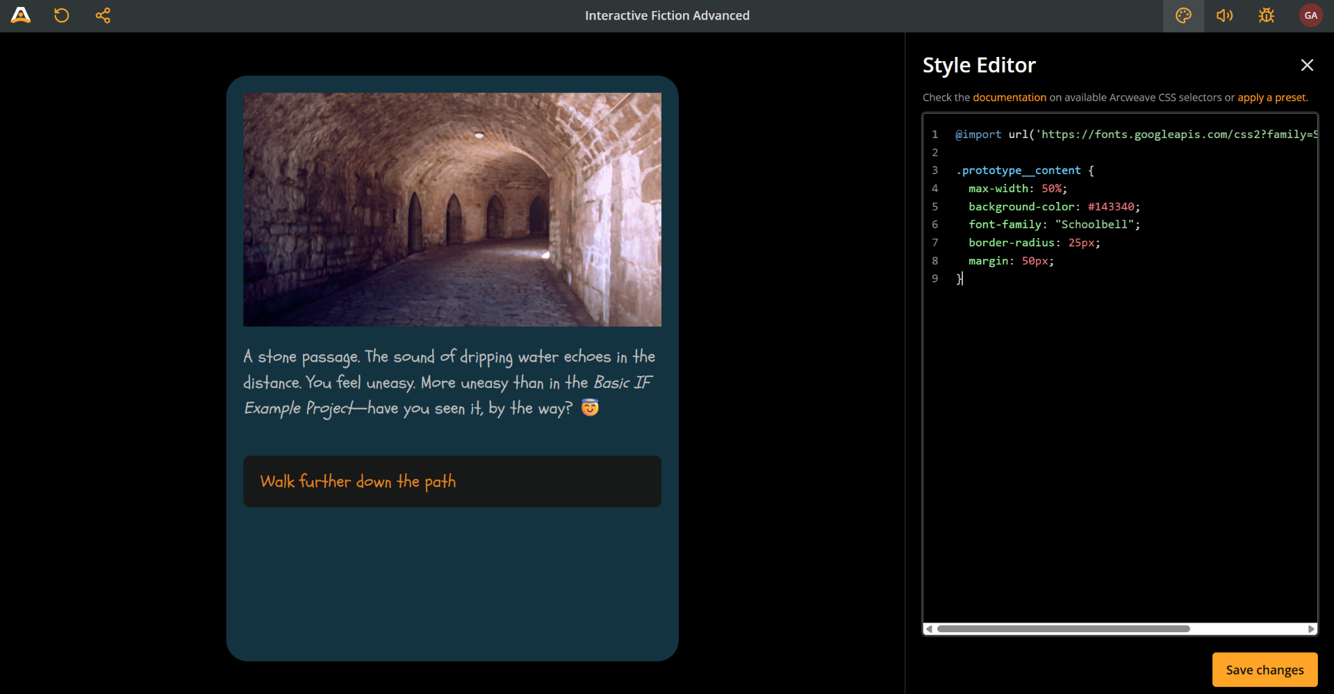 Arcweave's Play Mode environment with the Style Editor open and the Play Mode window styled according to the code that follows in the article.