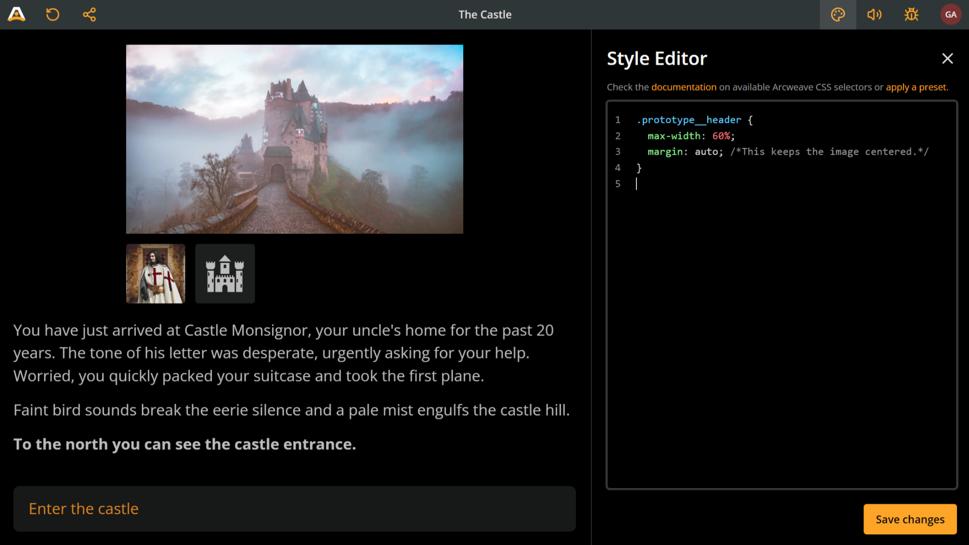 Arcweave's Play Mode with the Style Editor open. The CSS code causes the header image and the components underneath it to occupy a narrower area.