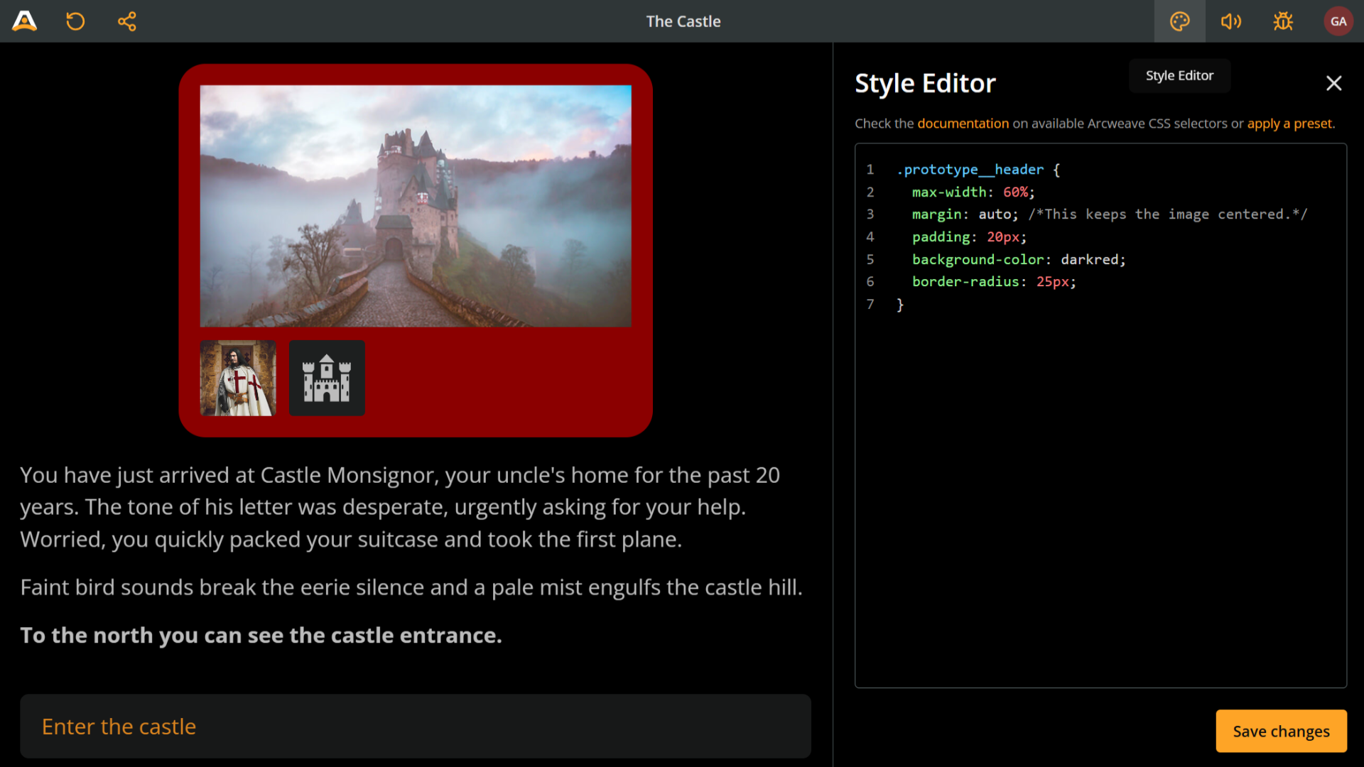 Arcweave's Play Mode with the Style Editor open. The CSS code causes the header image and the components be wrapped in a red box with rounded corners.