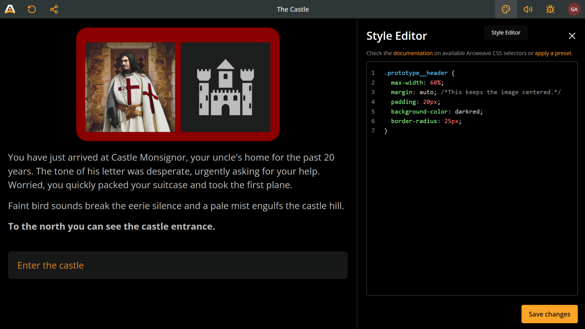Arcweave's Play Mode with the Style Editor open. The current element has no image cover, so the 2 attached components both occupy the image's place, wrapped in a red box with rounded corners.