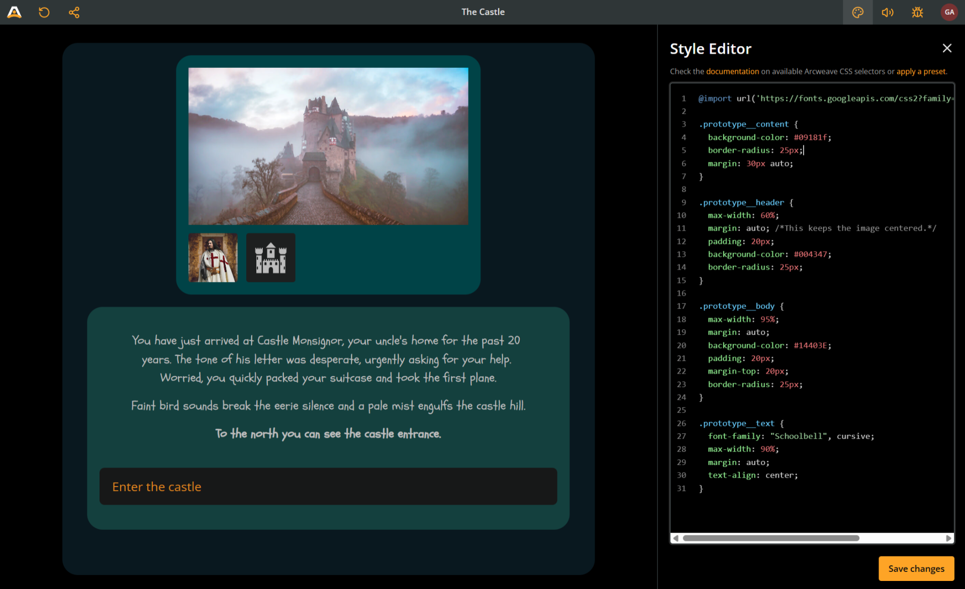 Arcweave's Play Mode with the Style Editor open. The current element's various containers are separately styled as boxes with rounded corners and different shades of blue and dark cyan.