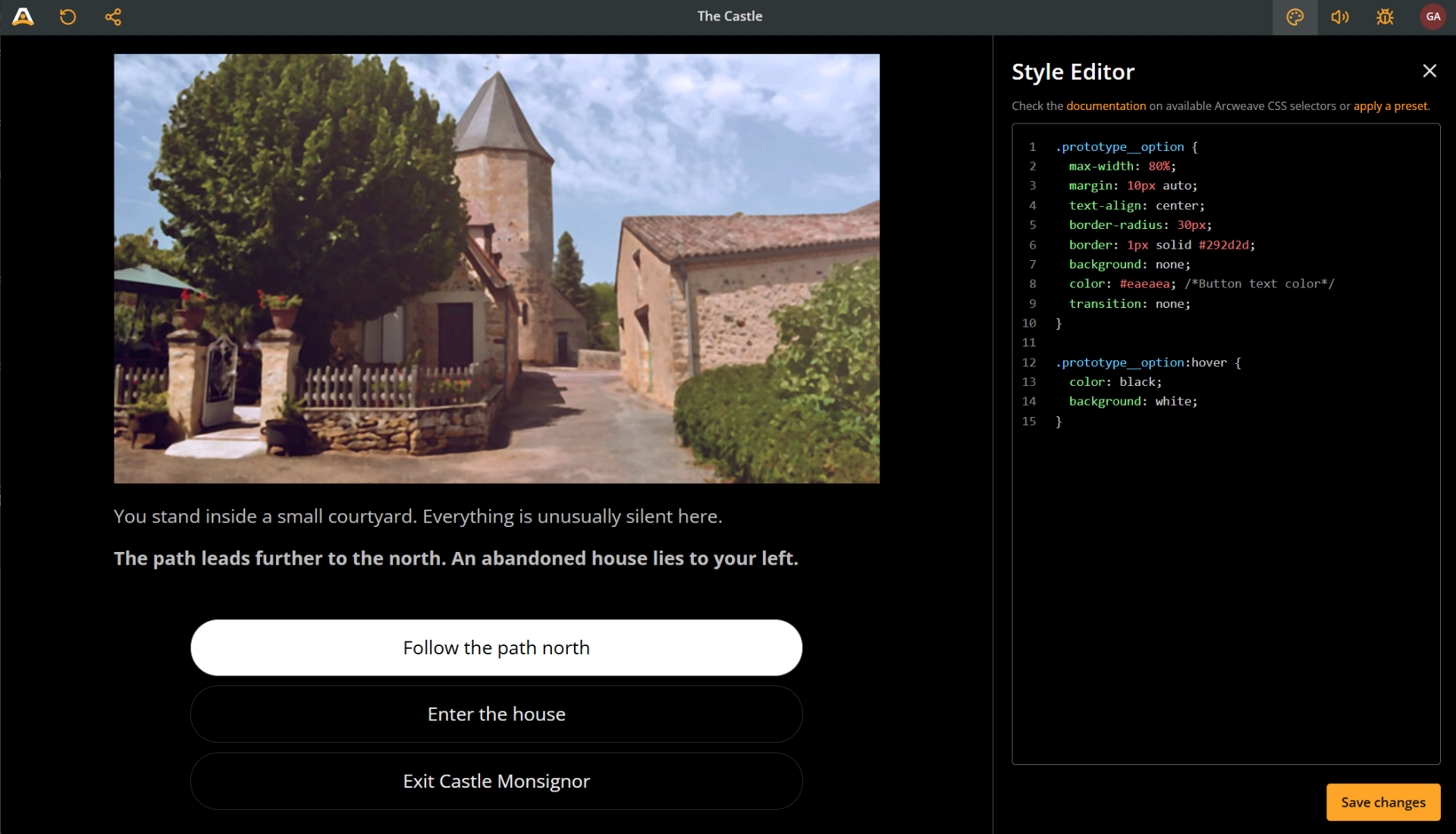 Arcweave's Play Mode with the Style Editor open. The element's option buttons are aligned centrally and have sharp contrast of black and white.
