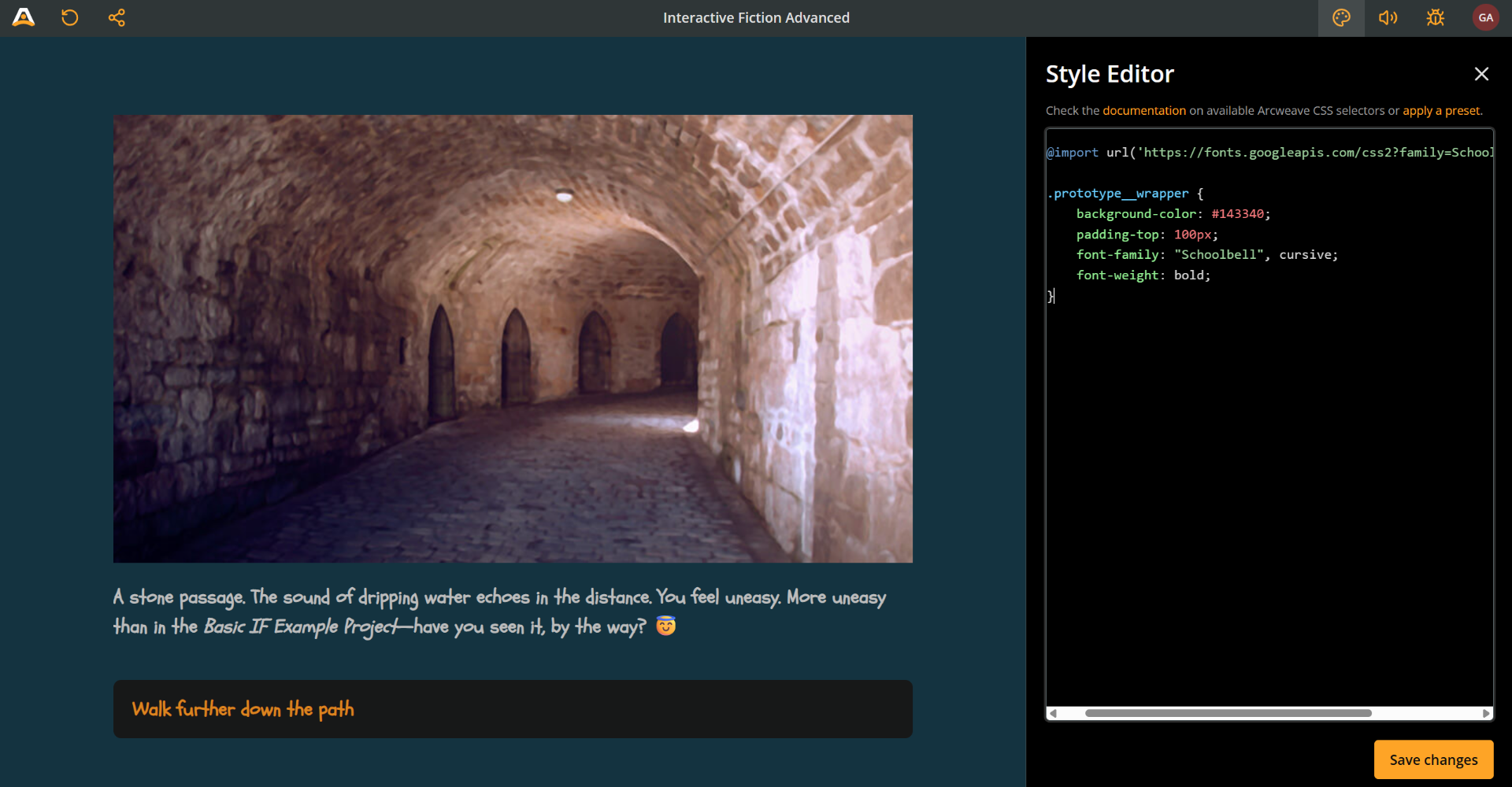 Arcweave's Play Mode environment, with the font and background color changed based on the CSS code that follows in the article.