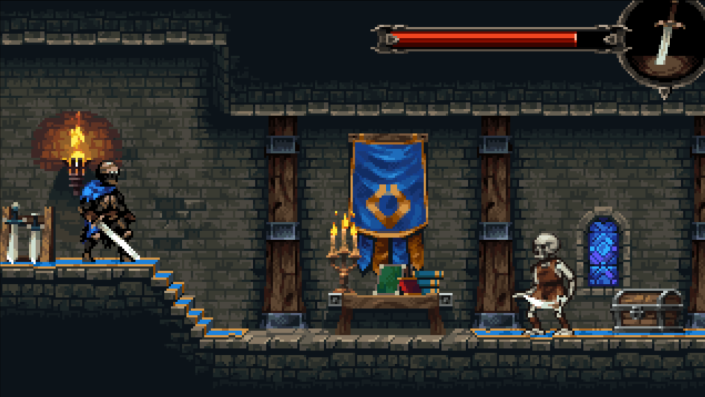 Pixel art castle interior, where a knight confronts an animated skeleton in a corridor, as part of side-scroller game.