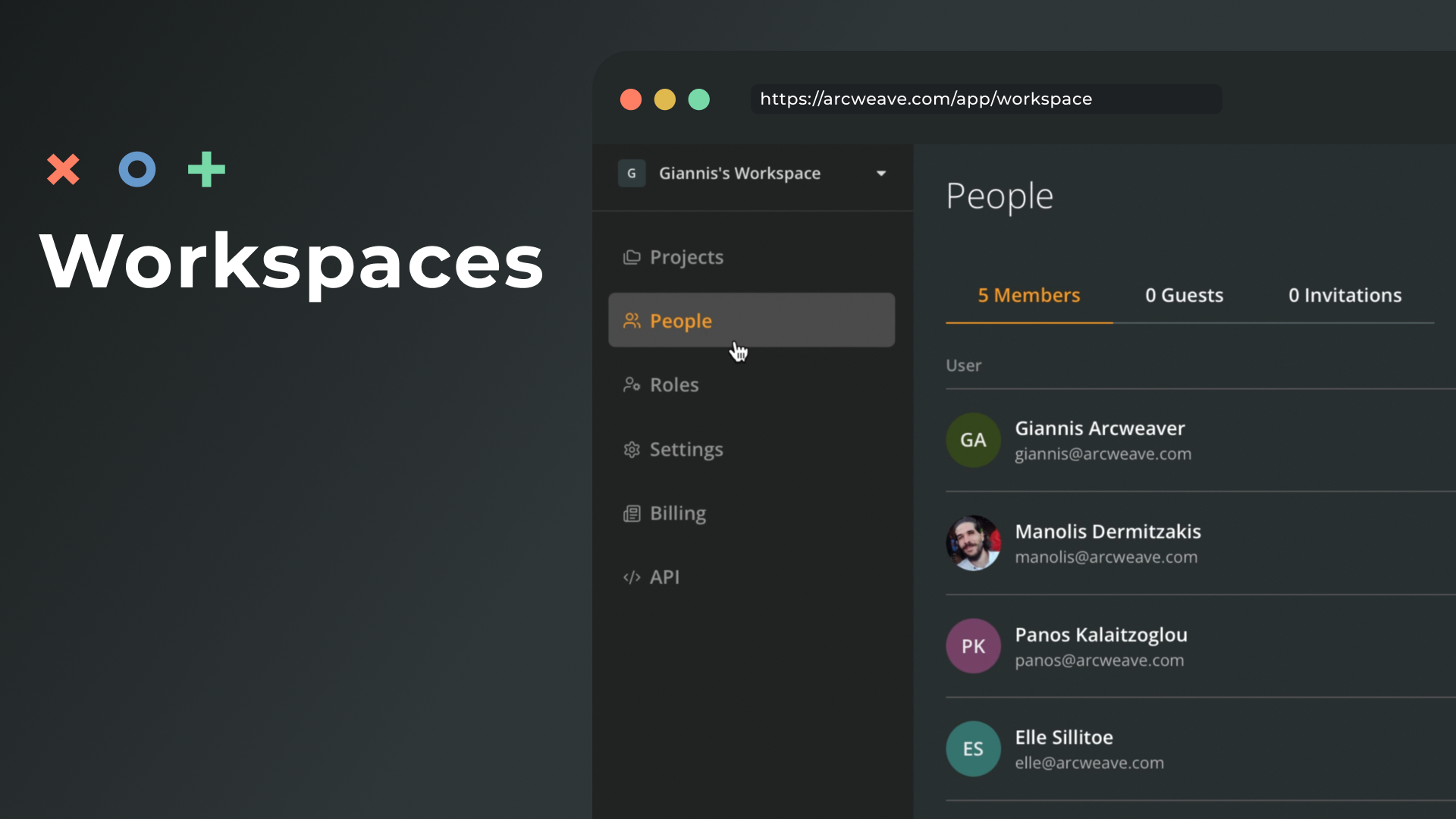 Image with title "Introducing Workspaces" and screenshot of Arcweave's new workspaces environment featuring a list of collaborators.