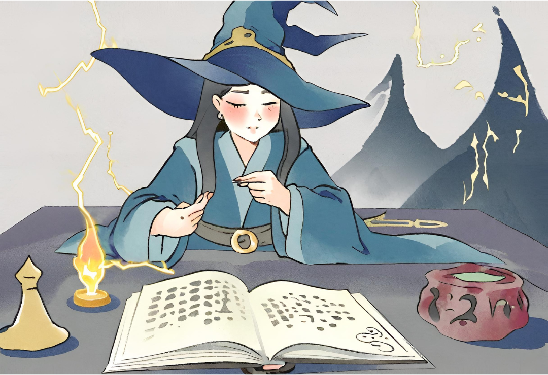 Cartoonish / manga style ink & colours drawing of young wizard wearing a big pointy hat studying a spell book under candle light.