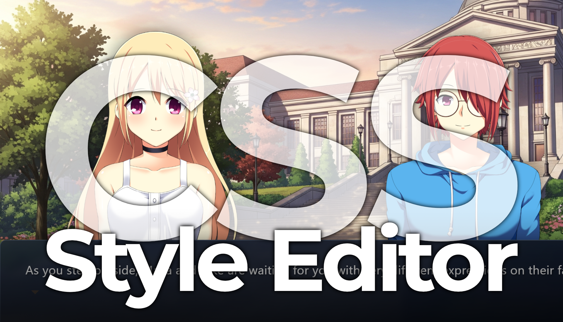 The title CSS Style Editor superimposed over a screenshot of Arcweave's visual novel template.