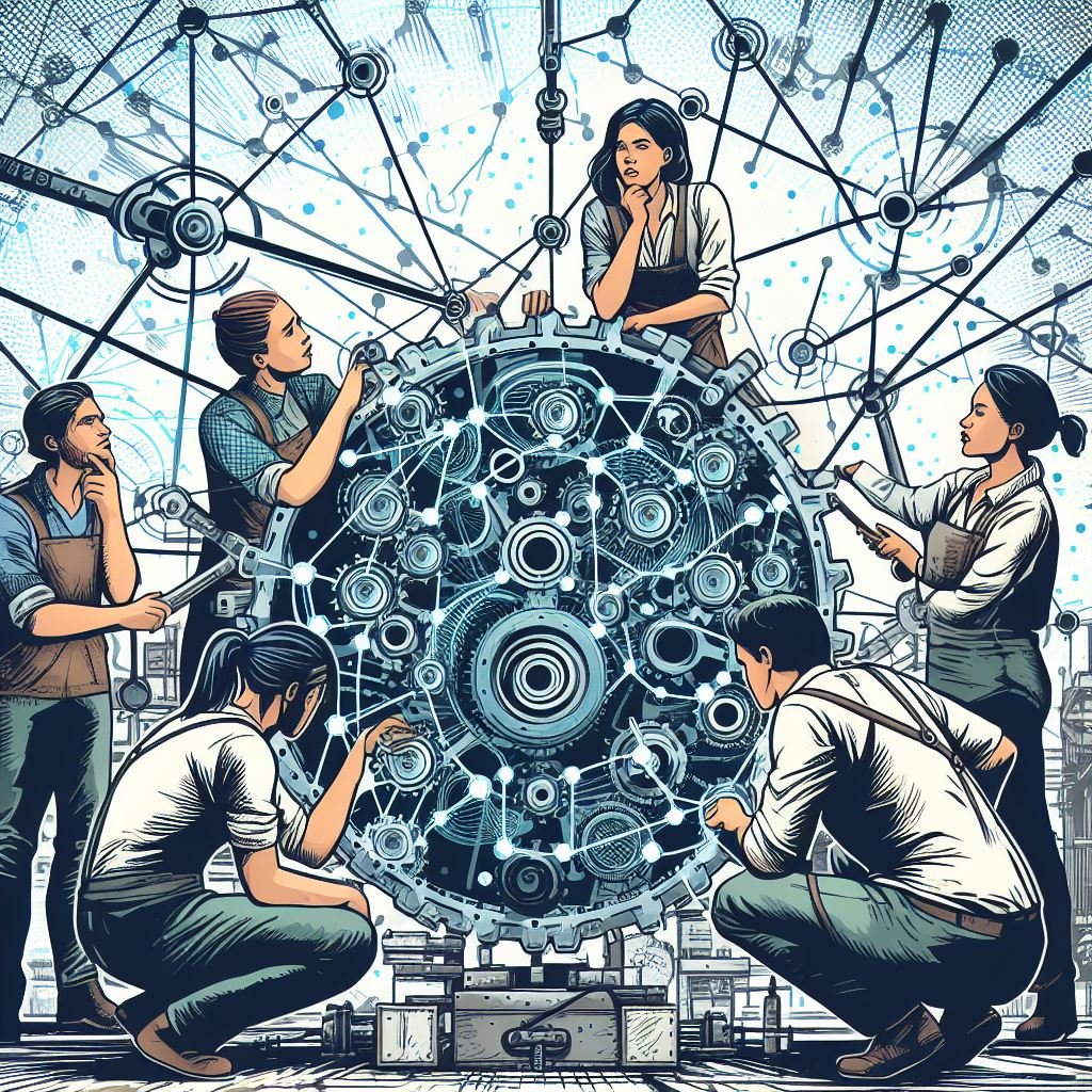 Ink drawing with some colour: a group of mechanics try to figure out how a big machine or invention works.