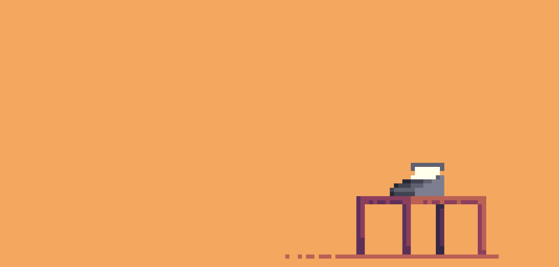 A pixel art image of a little desk with a tiny typewriter on it, before orange background.