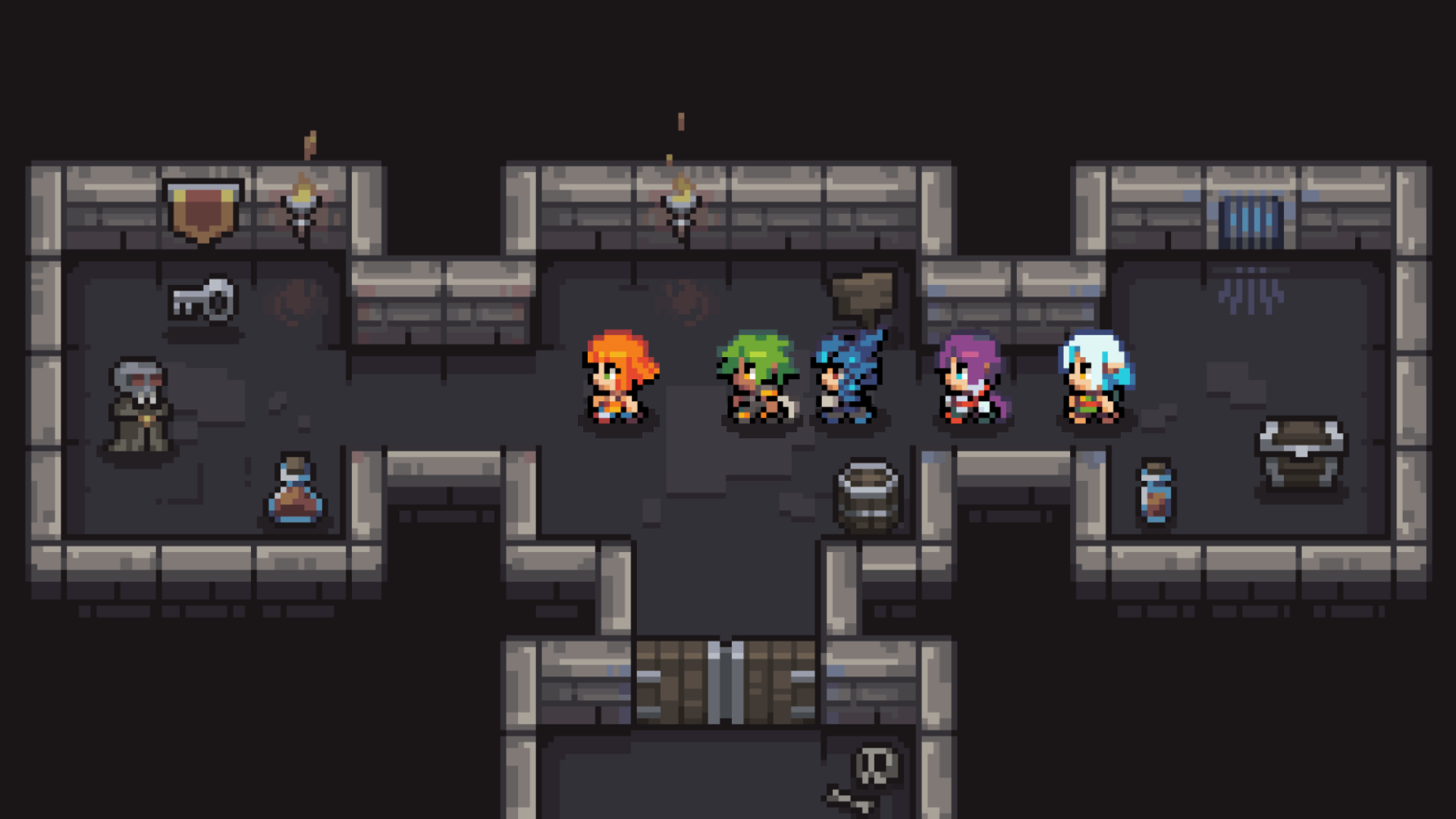 Pixel art image of a generic top down dungeon-crawler RPG, where a party of 5 players approaches a room with an undead wizard.