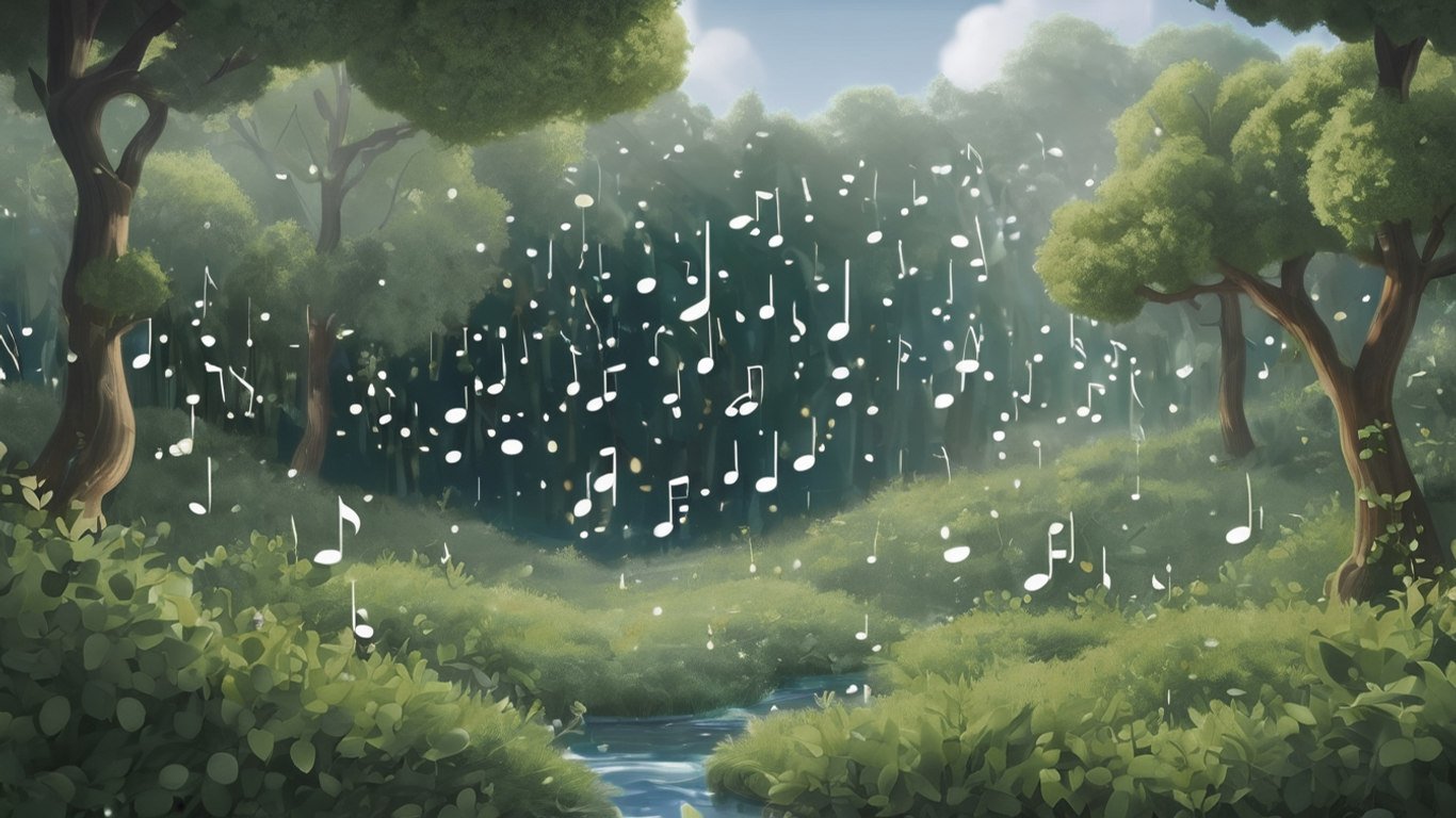 Drawing of forest with white musical notes dancing over a river.