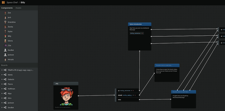 Arcweave screenshot: part of the dialogue with NPC Billy as structured in an Arcweave board.