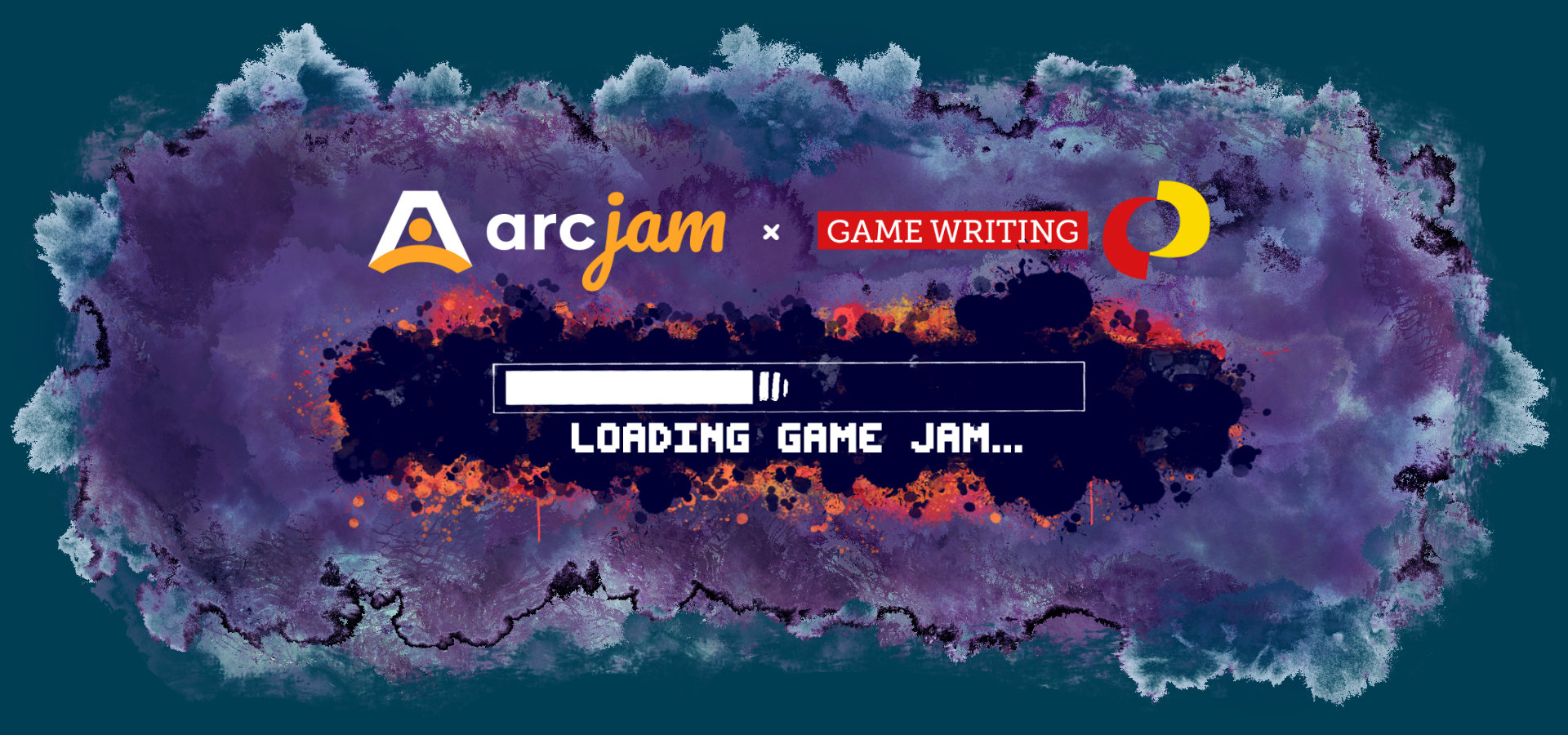 Composition of the Arcjam and the Game Writing SIG logos superimposed over a puff of purple smoke. A progress bar underneath says "Loading game jam..."