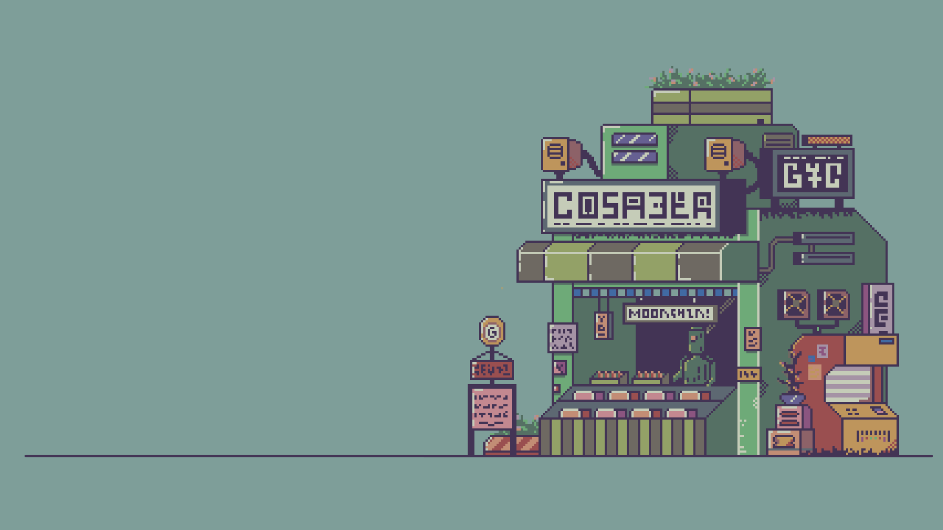 Pixel art cartoonish drawing of a futuristic grocery store with a robot behind the counter.