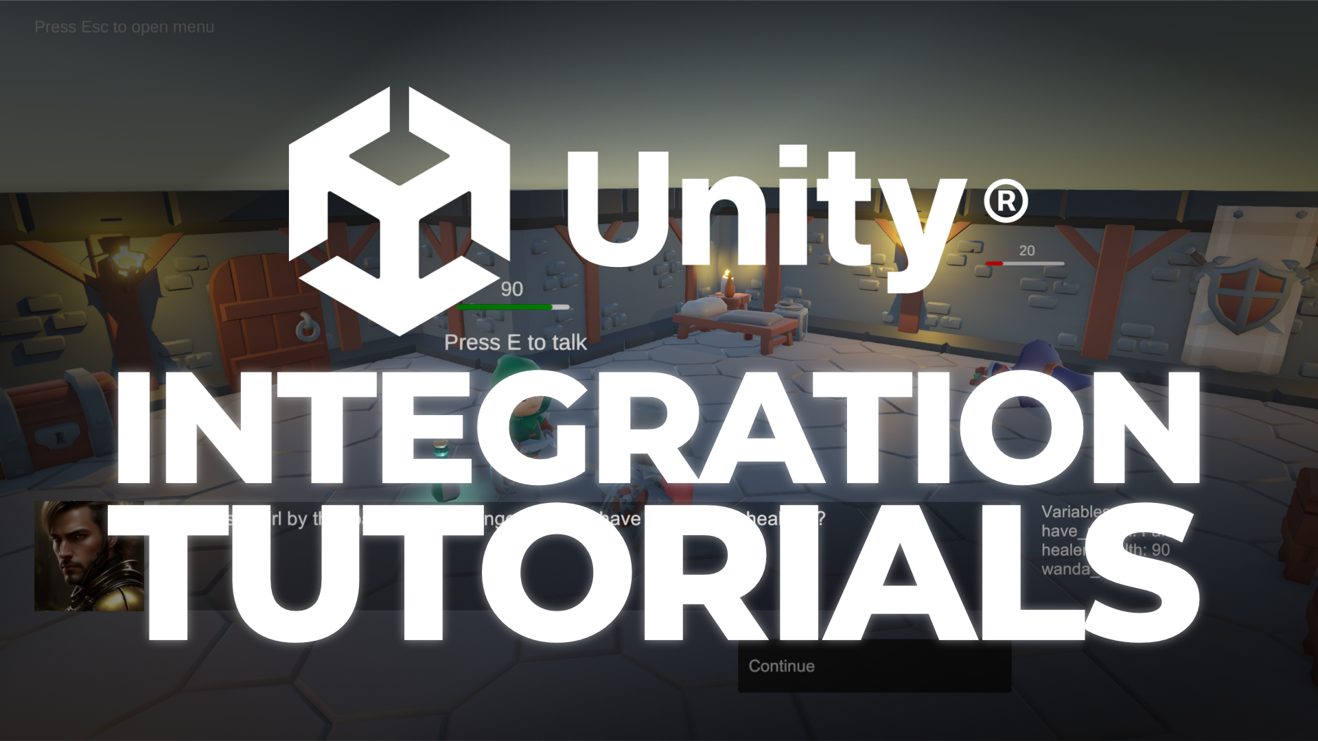 The Unity logo and the title "Integration Tutorials" superimposed over a screenshot of the 3D demo game.