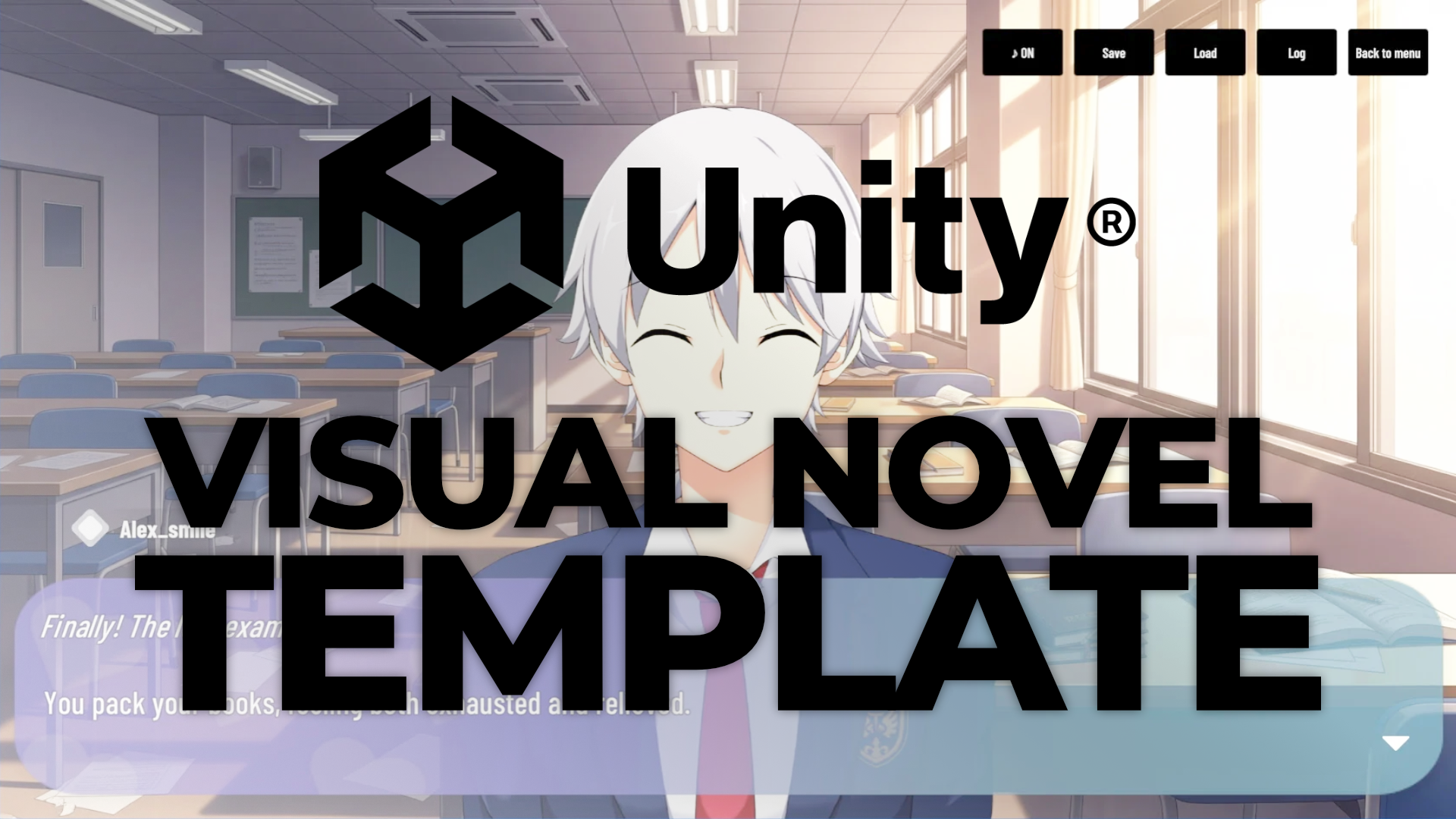 In black letters, the Unity logo and the title "Visual Novel Template" superimposed over a screenshot of Arcweave's visual novel example project.