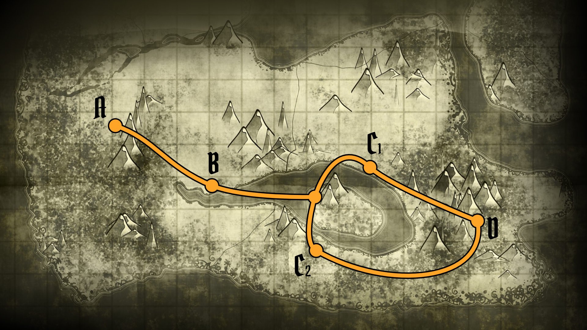 Fantasy world map with an orange route and stops marked as A (the start), B, C1, C2 (a fork), and D (a bottleneck),
