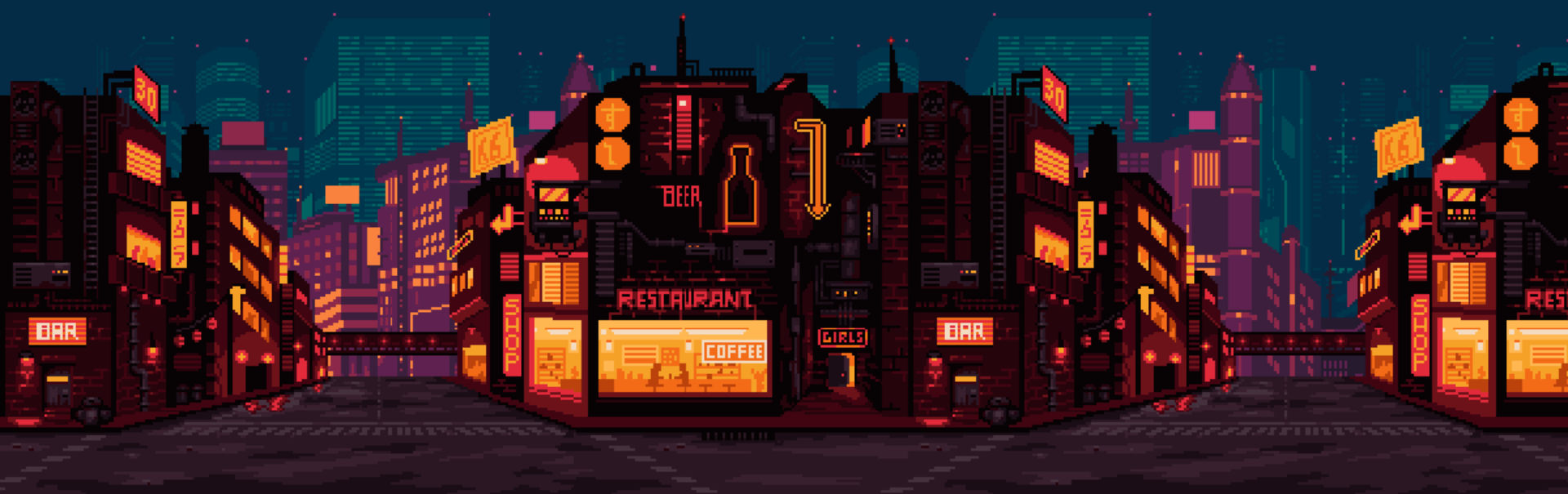 Pixel art background of a vibrant city at night time.